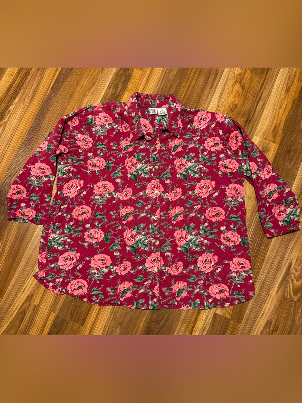 Women’s vintage thick Floral Button-Down Shirt - Pink Roses on Red